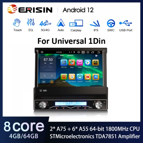 Erisin ES8588U 7" IPS Screen Android 12.0 Universal 1 Din Car DVD GPS Player 4G LTE DAB+ CarPlay Auto Radio STMicroelectronics TDA7851 DSP BT5.0