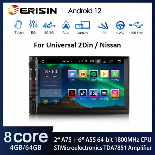 Erisin ES8549U 7" Universal 2 Din / NISSAN Android 12.0 Car Stereo DSP CarPlay & Auto GPS TPMS DAB+ 4G Radio 64G